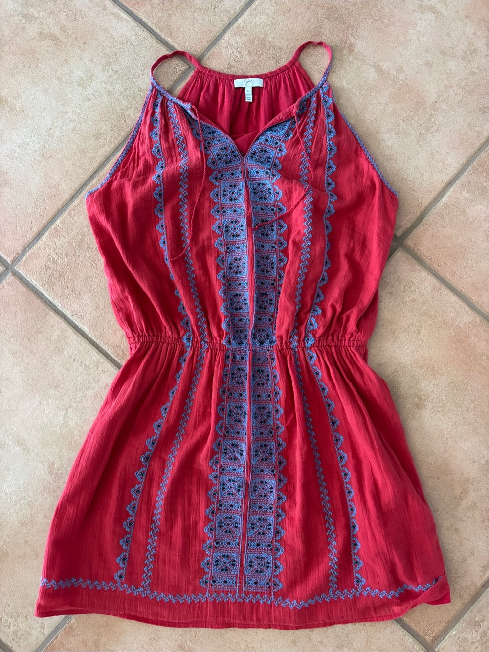 Joie Red Picard Mini Dress with Blue Embroidery